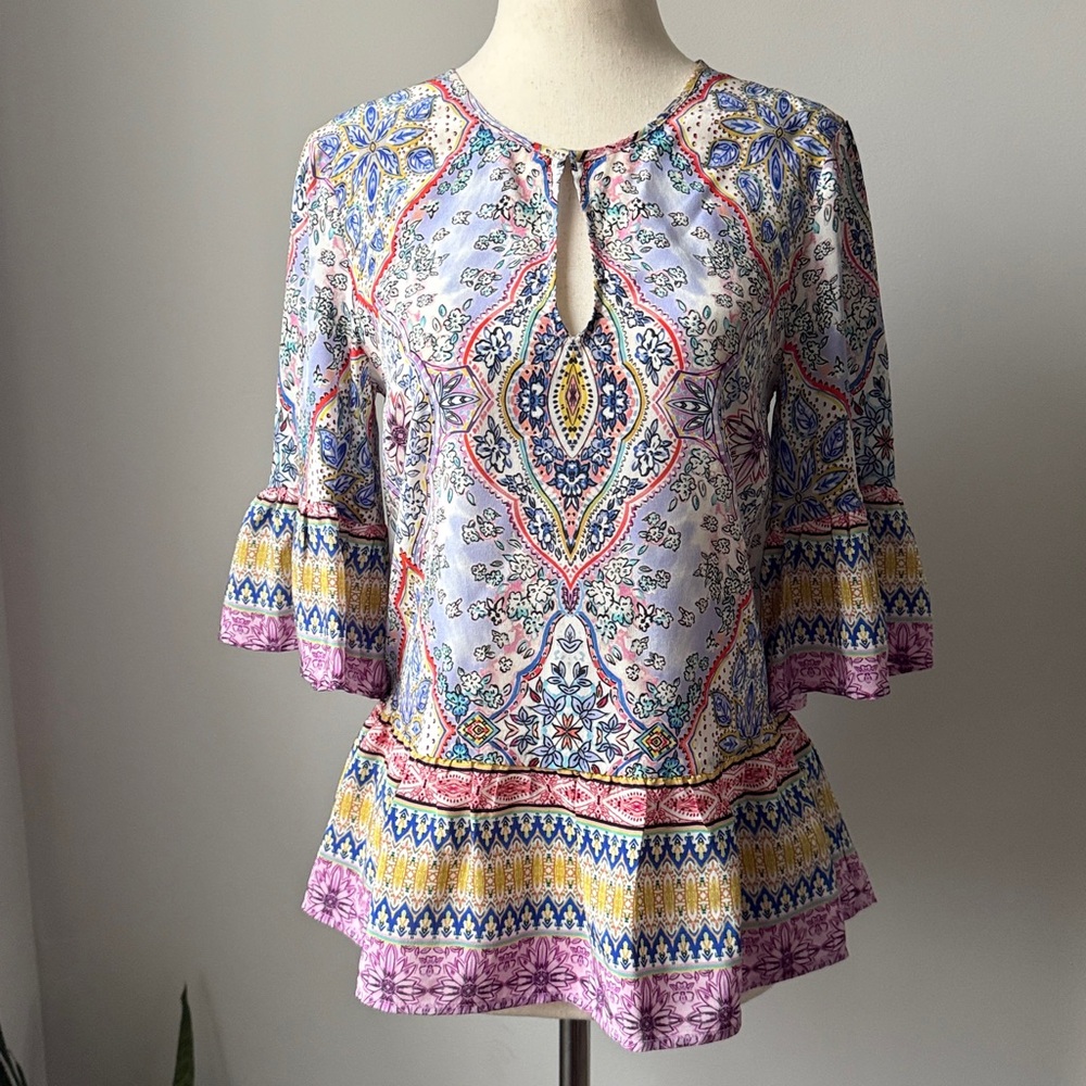 Kachel Silk Blouse Paisley-Print Ruffle Peplum Tunic Multicolor Feminine